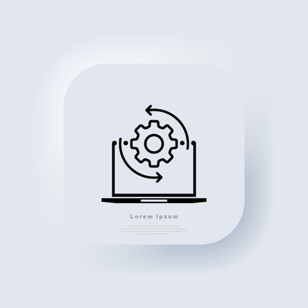 Monitor and gears icon. Adjusting app, setting options. IT support, software development, desktop upgrade and update. Neumorphic UI UX user interface web button. Neumorphism. Vector illustration.