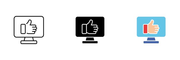 Monitor icon with raised finger Rating like review support feedback Vector set of icons in line black and colorful styles isolated on white background