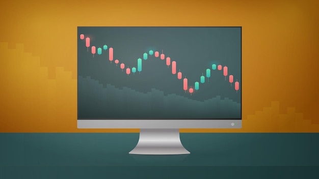 Monitor met beurskoersen. de grafiek heeft de neiging naar beneden te gaan. beleggingshandel op de aandelenmarkt. banner met tekst onder de plaats. vector illustratie.
