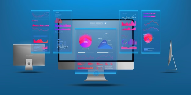 Monitor met gebruikersinterface van de beursgrafiek en UX-gegevensanalyse op het bureaublad van de monitor Screenshots met holografische grafieken Forex-uitwisseling en financiële statistieken