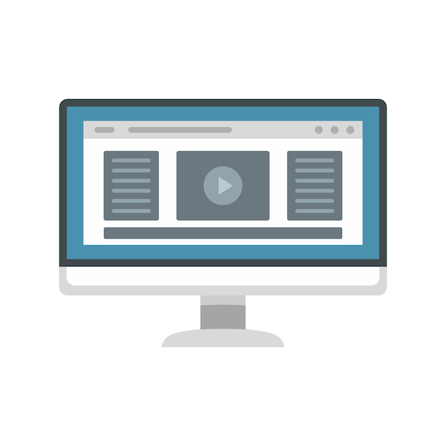 Icona di riproduzione video del monitor immagine piatta dell'icona vettoriale di riproduzione video del monitor per il web design