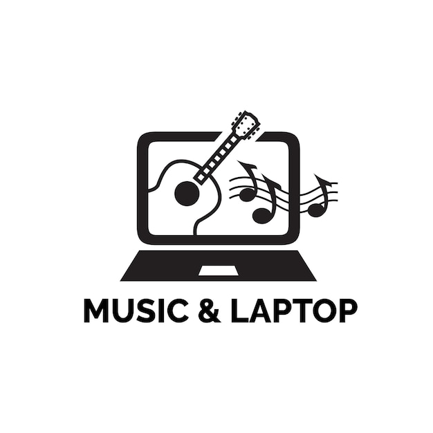 Monitor scherm computer met gitaar en muziek notities illustratie kunst logo ontwerp