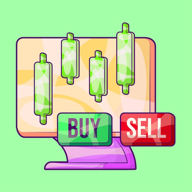 Экран монитора с зеленой свечой и кнопкой "Купить и продать" Иллюстрация торговли на фондовом рынке