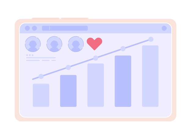 Вектор Мониторинг статистики социальных сетей на планшетном полуплоском цветном векторном экране устройства