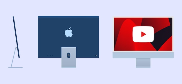 透明な背景のモニター - アップル・コンピューターズが製造した新しいiMacパーソナルコンピューター - デスクトップコンピューター - フロント,バック,サイドビュー - ユーチューブプレイヤー付きのパーソナルコンピュータ - 編集
