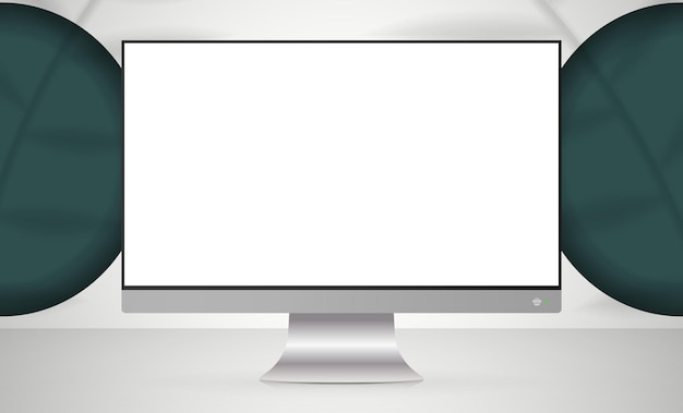 Monitor con uno schermo bianco in uno studio luminoso stile realistico spazio di sfondo bianco dello studio con ombre e ripiano vettore