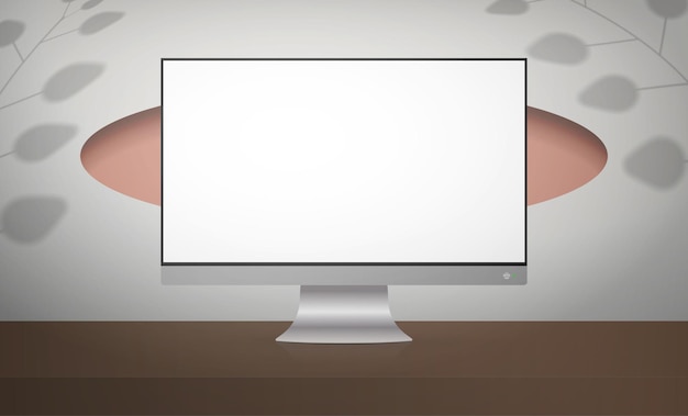 A monitor with a white screen stands on a wooden table White room with stylish design Ready banner for your advertisement Vector illustration Realistic style