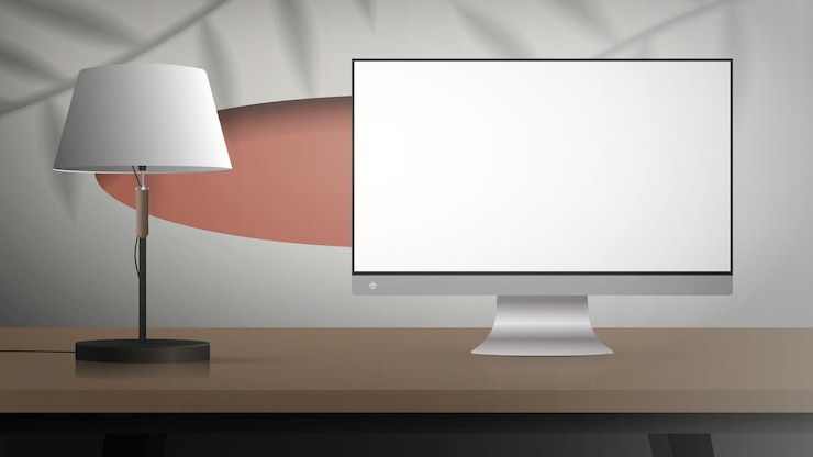 Vector a monitor with a white screen stands on a wooden table white room with stylish design ready banner for your advertisement vector illustration