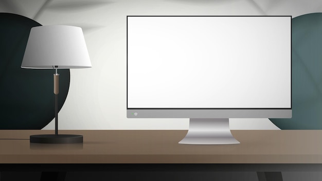 Monitor con uno schermo bianco spazio di sfondo dello studio con ombre e una mensola studio bianco in uno stile realistico vector