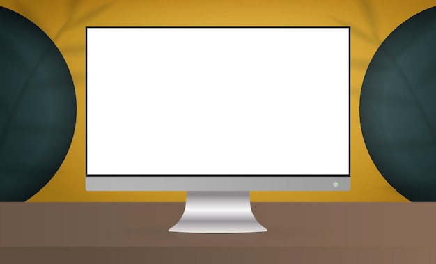 Vector monitor with a white screen yellow room with design background and empty shelf yellow studio background space with leaf shadows vector realistic style