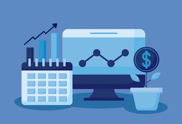 Monitorcomputer met de vastgestelde financiën van de pictogrammeneconomie