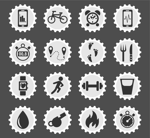 Monitoring apps icons on stylized round postage stamps