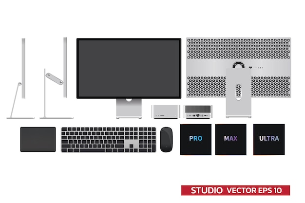 Monitormodel weergeven met accessoires realistische vectorillustratie voor mockup-afbeelding op wit