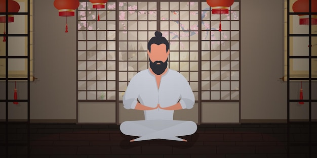Монах медитирует в комнате в японском стиле. Самурай практикует медитацию или йогу. Векторная иллюстрация в стиле мультфильма.