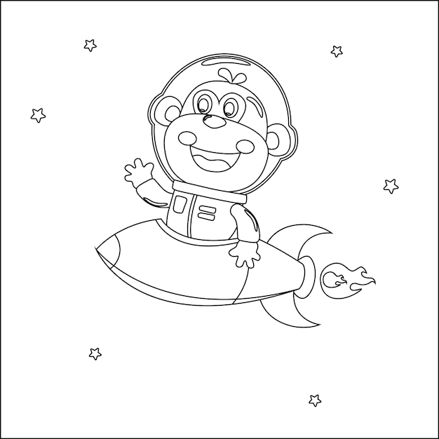 Monkey astronaut play with his rocket Animal in outer space colouring book or page