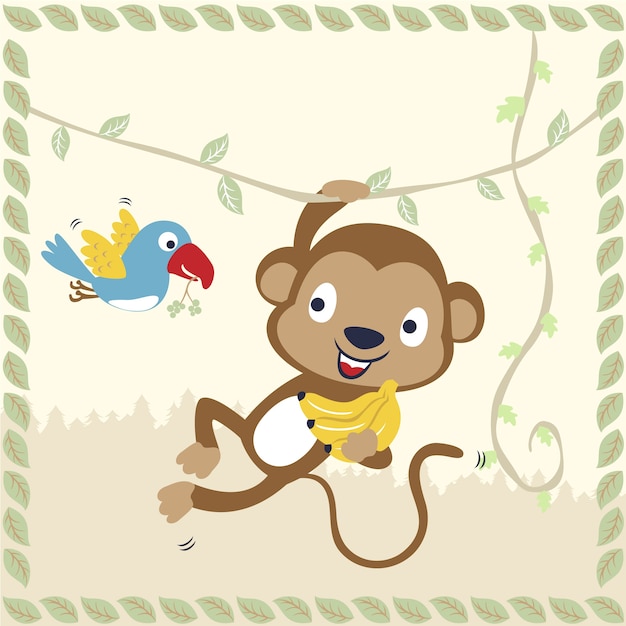 Monkey and bird on leaves frame