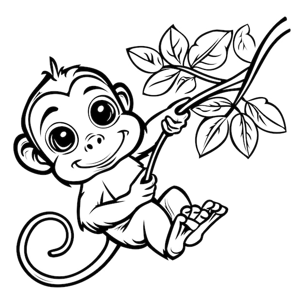 Monkey Black and White Cartoon Illustration for Coloring Book