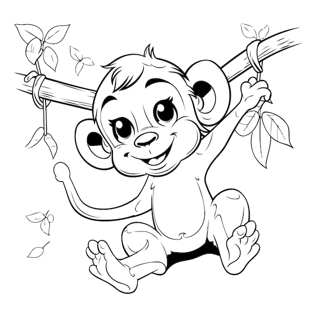 Monkey on a branch Black and white vector illustration for coloring book