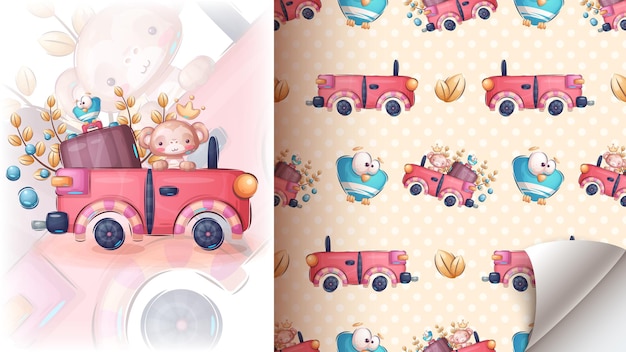 Monkey in the car  seamless pattern vector eps 10