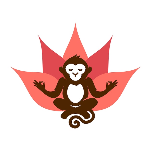 蓮の花と蓮華座漫画イラストに座ってヨガ瞑想をしている猿
