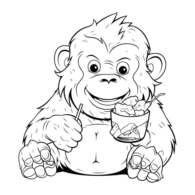 Vector monkey eating ice cream coloring book for adults illustration