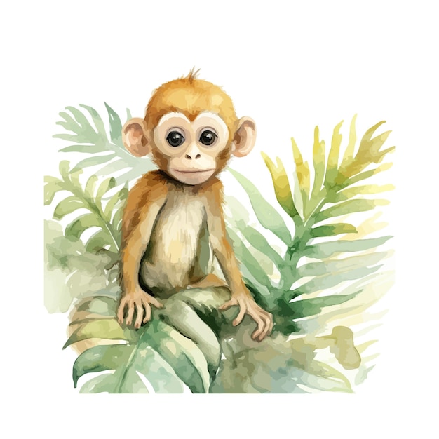 Monkey Exploring a Tropical Forest Watercolor Illustration