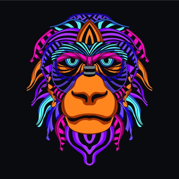 Vector monkey face from decorative neon color