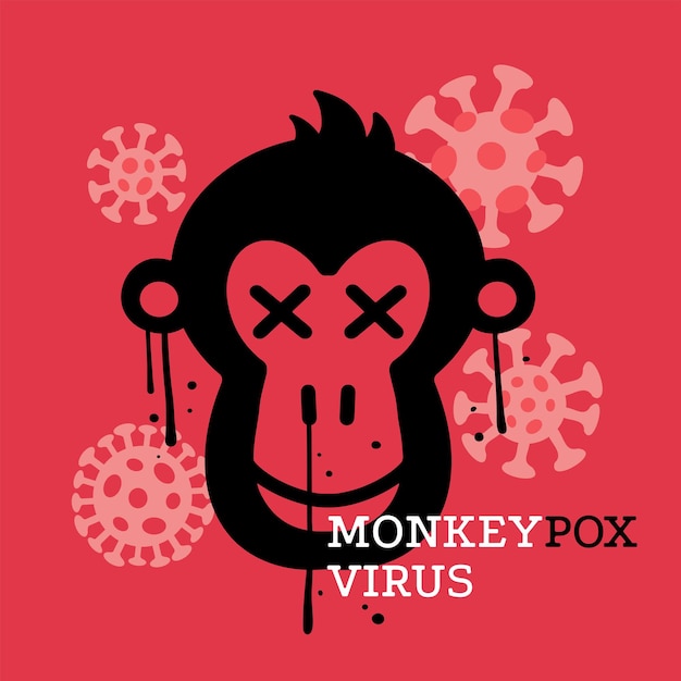 Лицо обезьяны с вирусными клетками на красном фоне новая вирусная болезнь обезьяньей оспы, передаваемая обезьяной