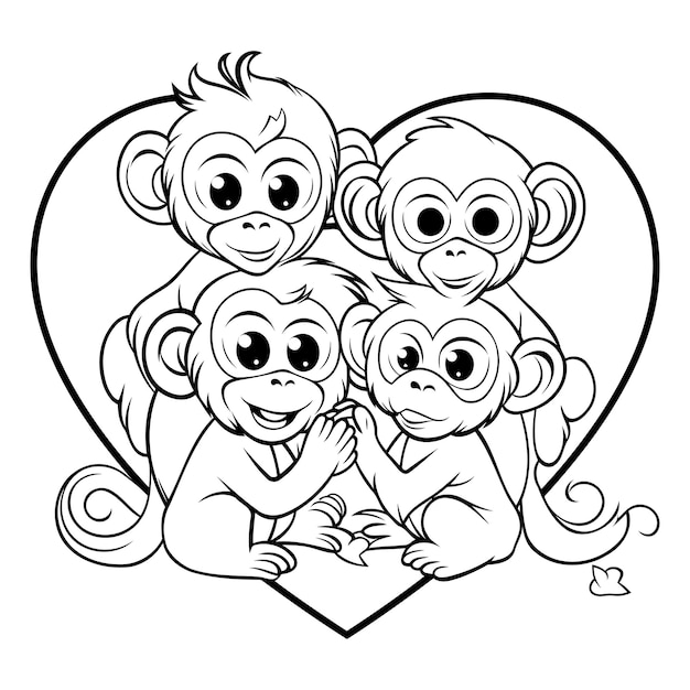 Vector monkey family with heart black and white cartoon illustration vector