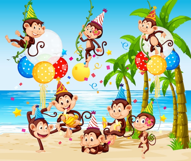 Monkey group in party theme cartoon character on beach background