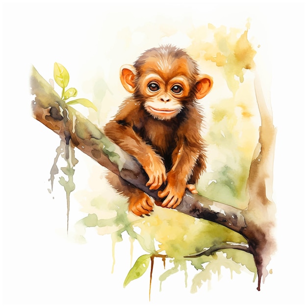 Monkey hanging on a tree branch watercolor paint