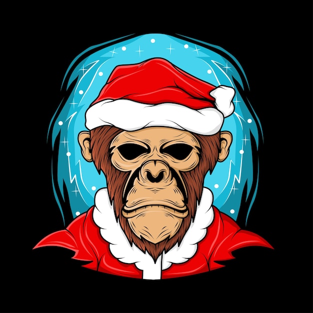 Monkey head with santa claus christmas hat illustration