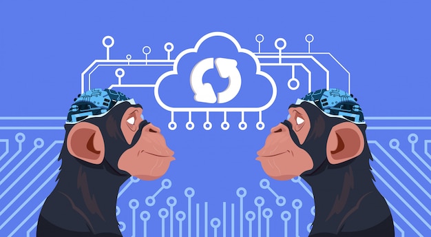 Monkey heads with cyborg brain updating over circuit background