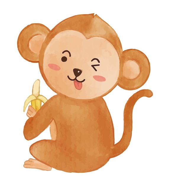 Monkey is eating banana Watercolor paint design Cute animal cartoon character Vector