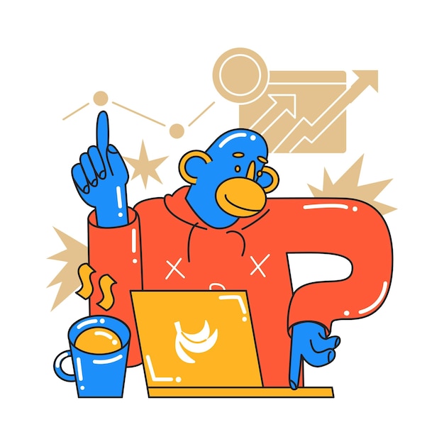 The monkey is engaged in business processes Work on a laptop Coworking cafe Investment startup search for new successful business ideas Cartoon stule in vector illustration Isolated object