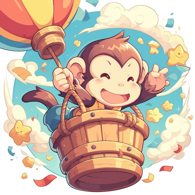 A monkey is flying a hot air balloon cartoon style