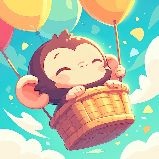 A monkey is flying a hot air balloon cartoon style