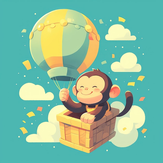 Vector a monkey is flying a hot air balloon cartoon style