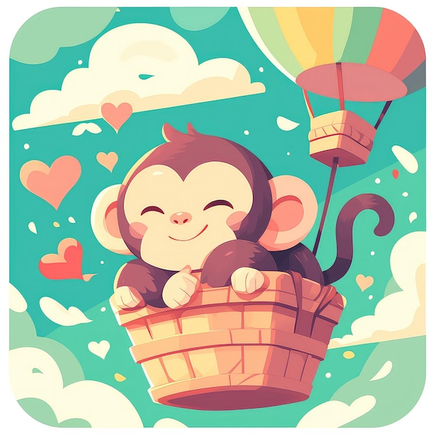 A monkey is flying a hot air balloon cartoon style