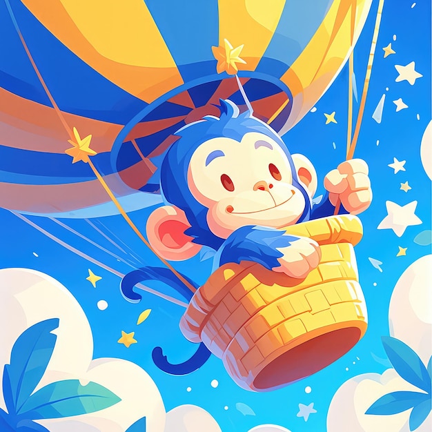 A monkey is flying a hot air balloon cartoon style