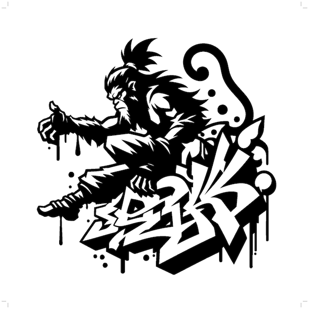 monkey king wukong silhouette deity in graffiti tag hip hop street art typography illustration