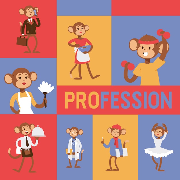 Monkey like people profession character illustration. 