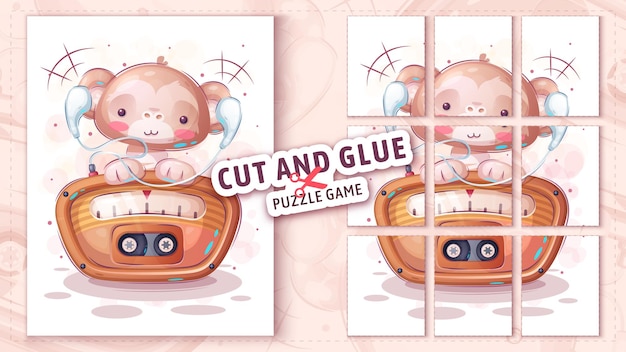 Monkey listen radio cut and glue  puzzle game