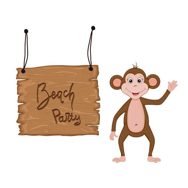 Vector monkey near wooden signboard with the inscription 