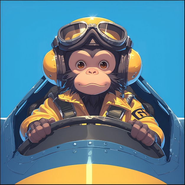 A monkey piloting a miniature airplane cartoon style