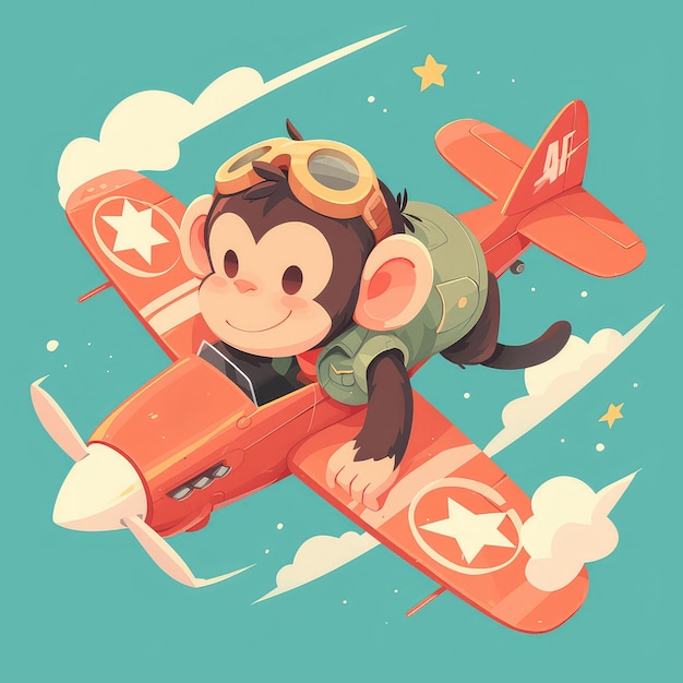 A monkey piloting a miniature airplane cartoon style