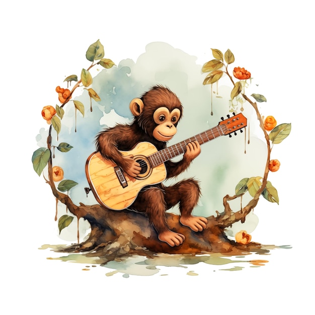 Vector monkey playing the guitar sitting in the tree watercolor paint
