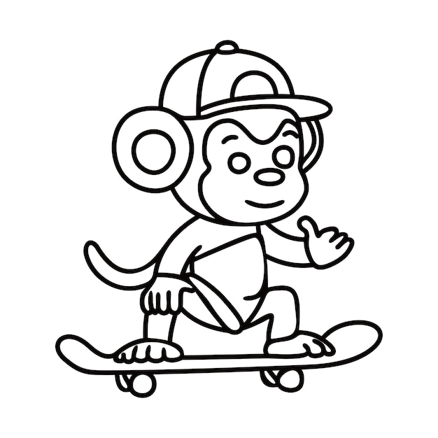 Monkey rides on a skateboard waving line art