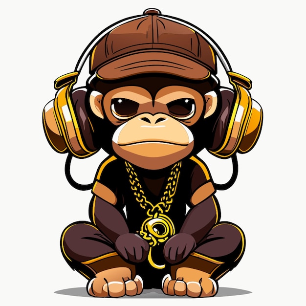 monkey in rodin thinker position cute stand up with headphones and hat and chain vector illustration