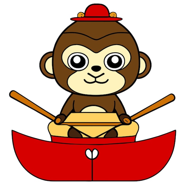 Vector monkey rowboat rowing hand drawn flat stylish cartoon sticker icon concept isolated illustration